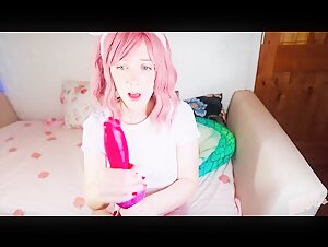 pink haired plays with dildog